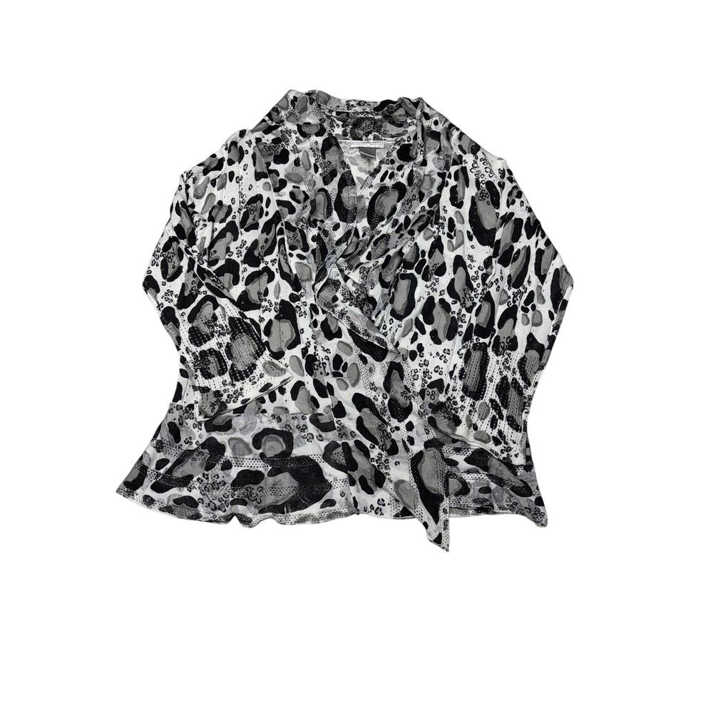 Alberto Makali Gray Leopard Print Wrap Cardigan Ruffle‎ Hem Silk Blend Womens M